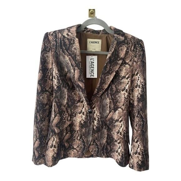 L’ AGENCE Chamberlain Python Print Single Breasted Blazer Jacket Brown Size 2 - Picture 10 of 16